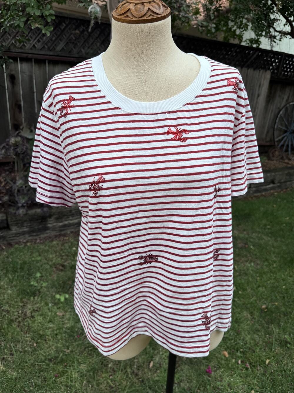Jane + Delancey Women's L White Striped Lobster Rhinestone Short Sleeve T-Shirt